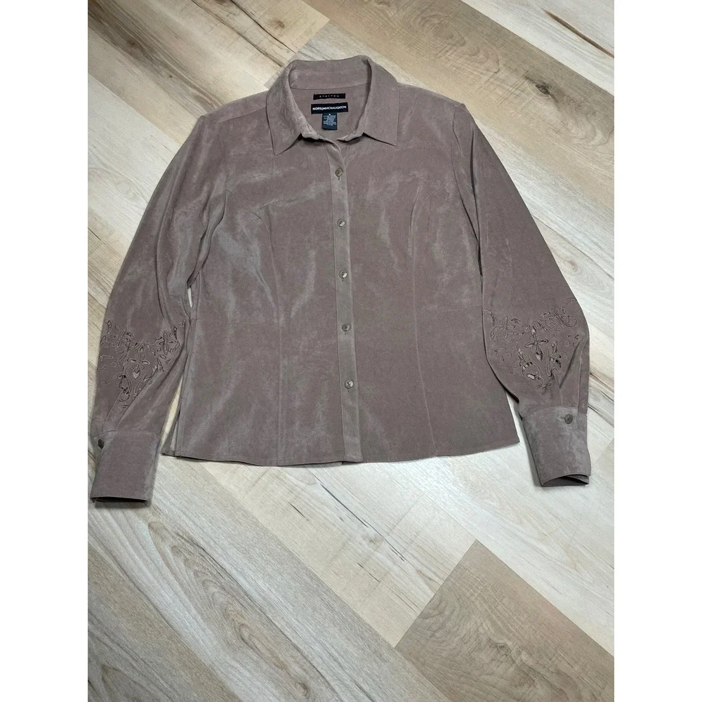 Norton McNaughton Womens Faux Suede Embroidered Button Down Shirt Taupe Size 8 - Picture 5 of 9